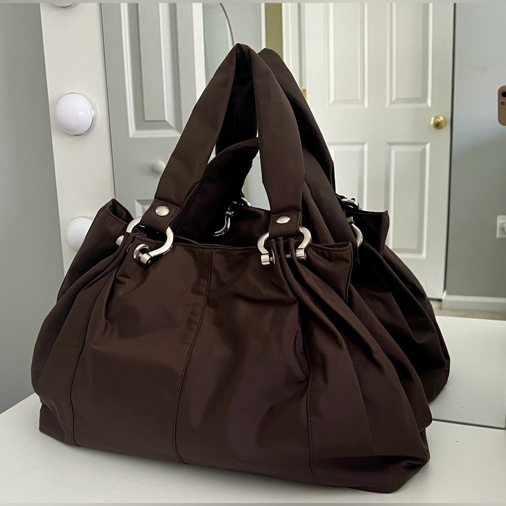 GAP Brown Nylon Shoulder Handbag With Silver Metal Accents Cherry Print Interior